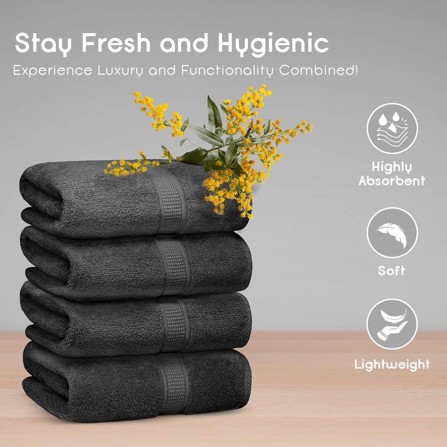 Premium Bath Towels Pack of 4, 100% Cotton, Large, Super Soft, Highly Absorbent, Quick Dry, Durable, Comfortable, Great Value & Quality, Perfect for Home & Bathroom - Grey